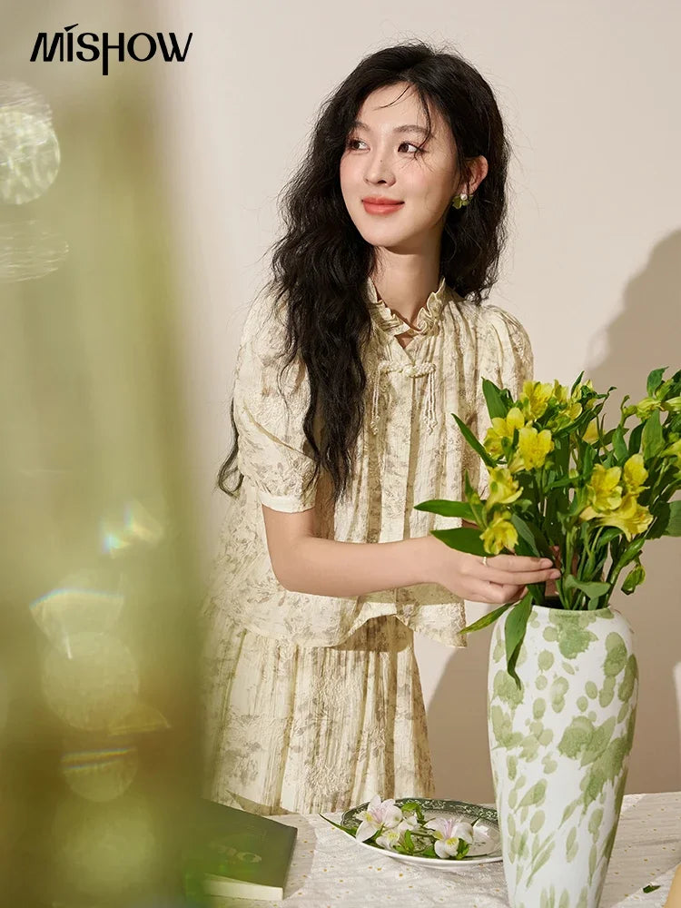 MISHOW Chinese Chiffon Embroidered Shirt A-line Skirt Separately Summer Puff Sleeve Top Rear Elastic Waist Skirt MXD24X1405