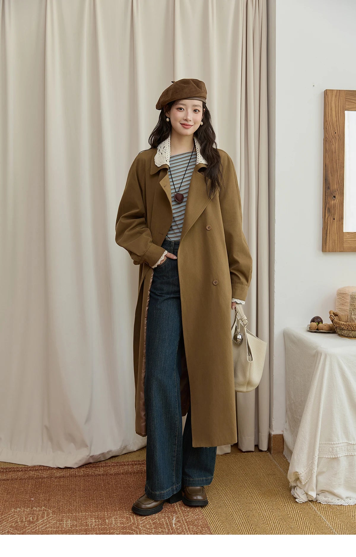 MISHOW Trench Coat Women 2025 Autumn Fashion Light Khaki Lace Long Windbreaker Jacket Long-sleeved Coat with Belt MXE45W0830