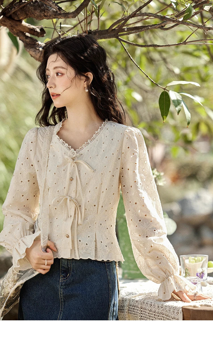 MISHOW Hollow Lace Shirt for Women Spring 2025 French Retro Lace100 Cotton Shirt V Neck Waist Elastic Cuffs Blouses MXE12X1710