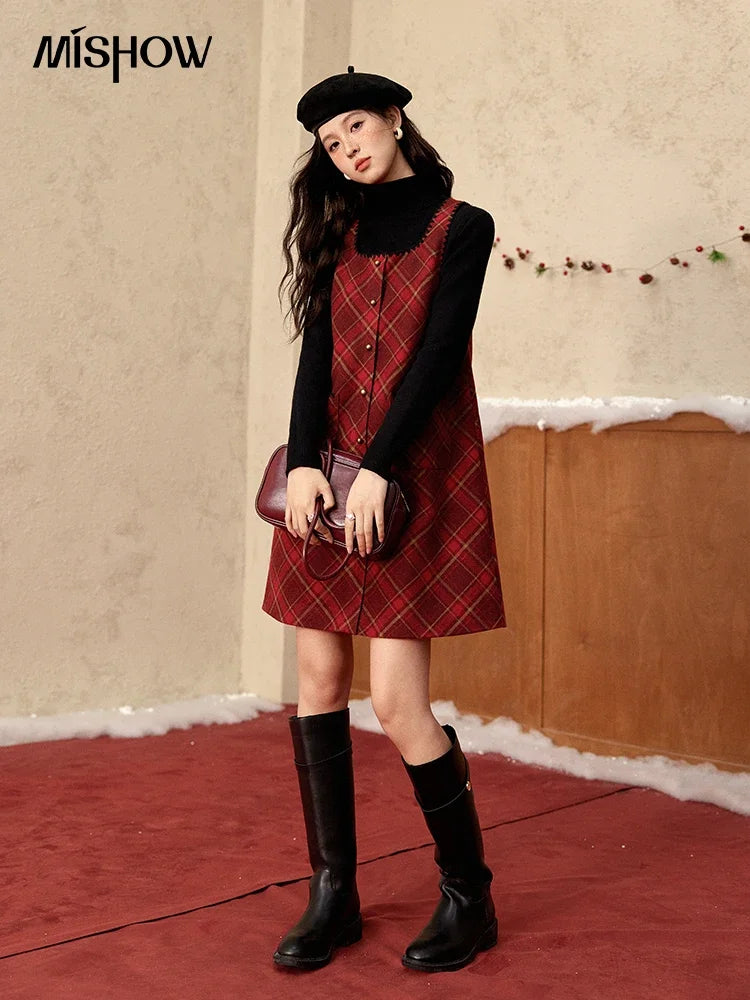 MISHOW Plaid Dress for Women Winter 2024 Contrasting Color Square Neck Plaid Dresses Woolen Sleeveless Vest Dress MXD58L2078
