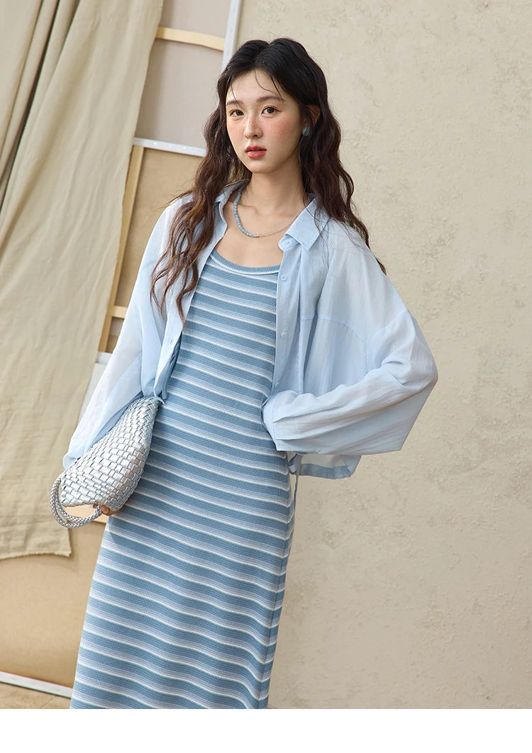 MISHOW Women's Blue Striped Camisole Dress Lyocell Shirt Separately Summer 2025 Lapel Solid Shirt O-neck Strap Dress MXE34L2285