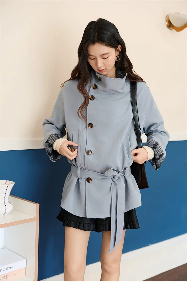MISHOW Two Sided Outerwear Trench for Women Autumn Winter 2025 Blue Plaid Patchwork Diagonal Placket Belt Trench MXE48W0871