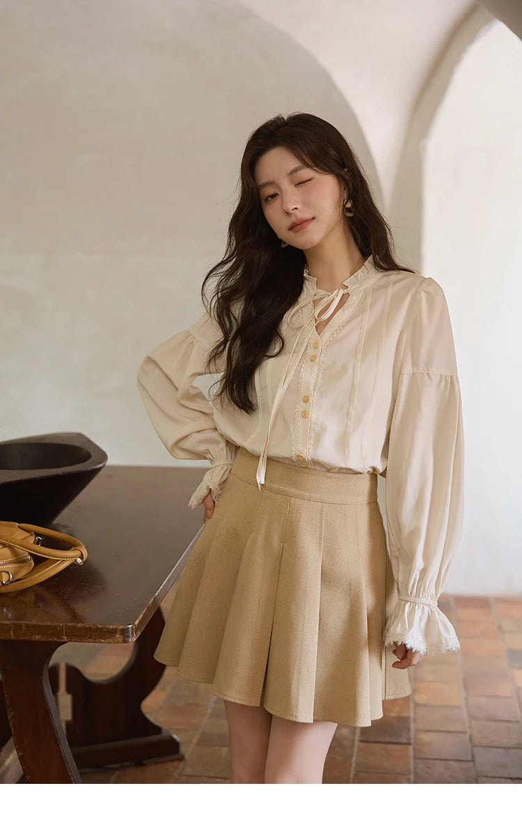 MISHOW French 100% Lyocell Apricot Shirt 2025 Autumn Flared Sleeves Lace Edges Shirts V-neck Slim Top Office Lady MXE41C2351