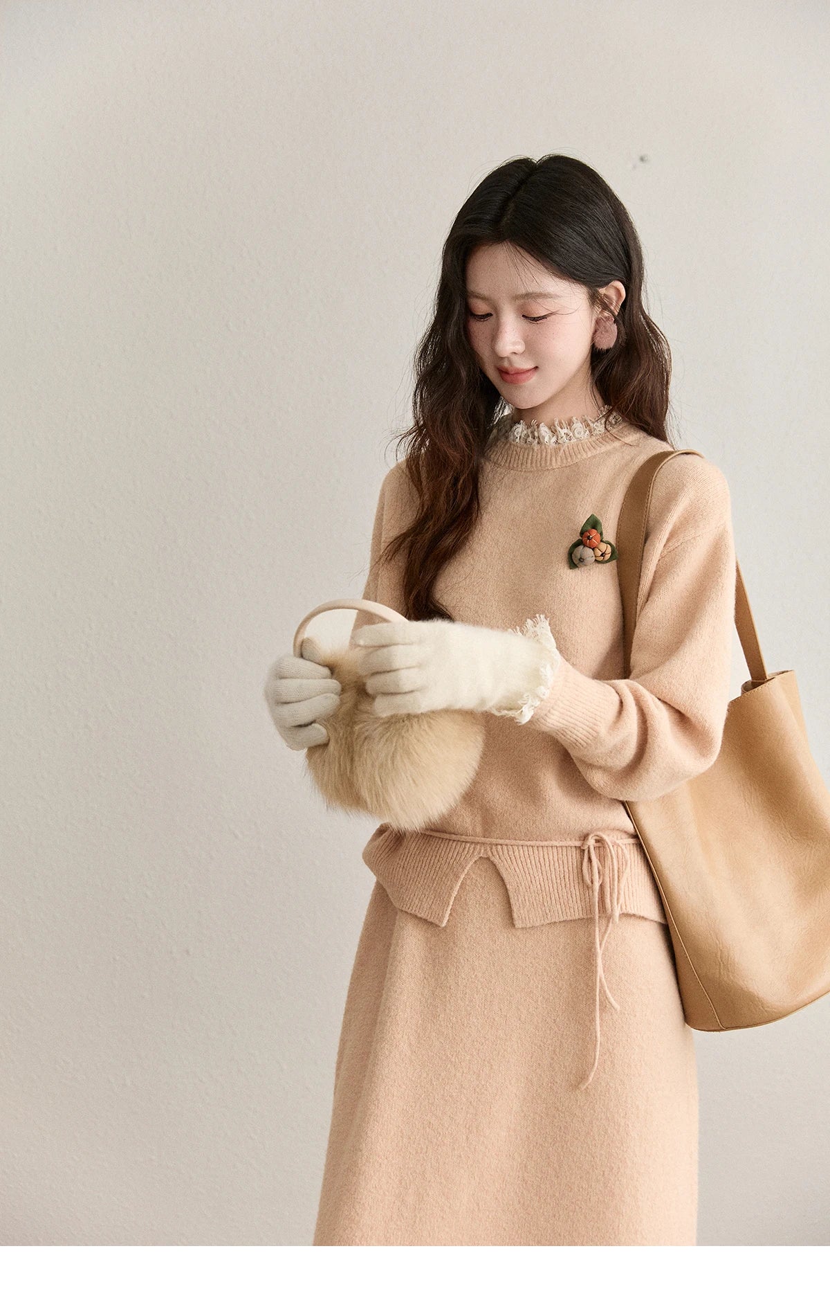 MISHOW Lace Trim Knitted Sweater Midi Skirt Set 2025 Winter Non Removable Brooch Decor Sweater Back Split Skirt Sets MXE92T1450