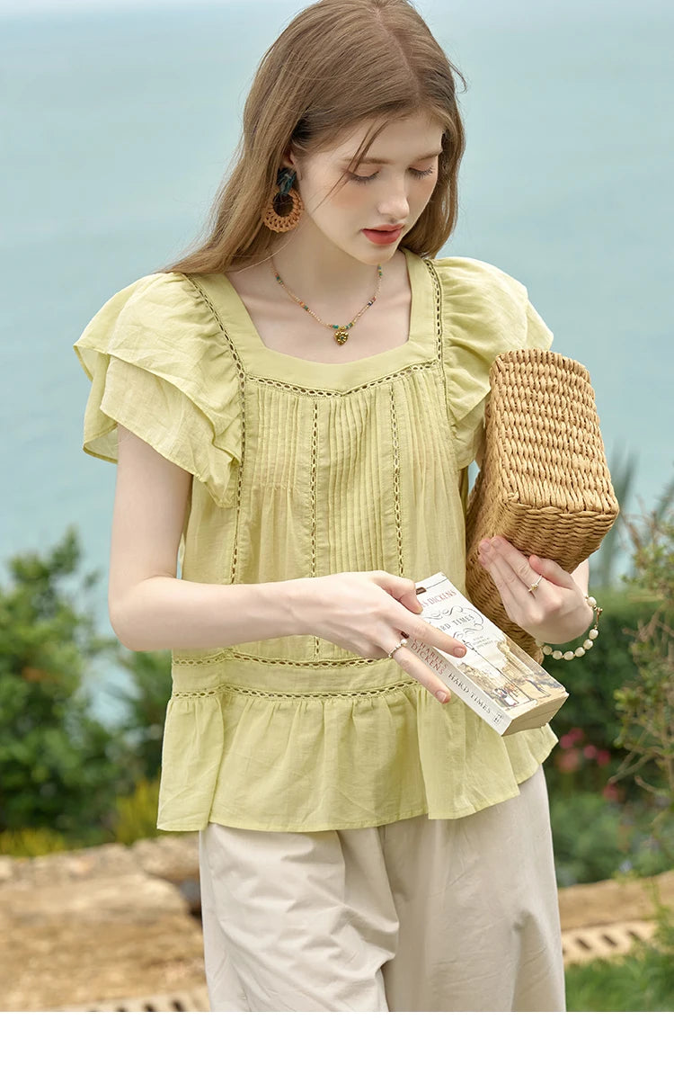 MISHOW Korean Lace Hollowed Out Flying Sleeve Blouse for Women 2024 Summer Square Neck Doll Shirt Casual Top MXD30X1574