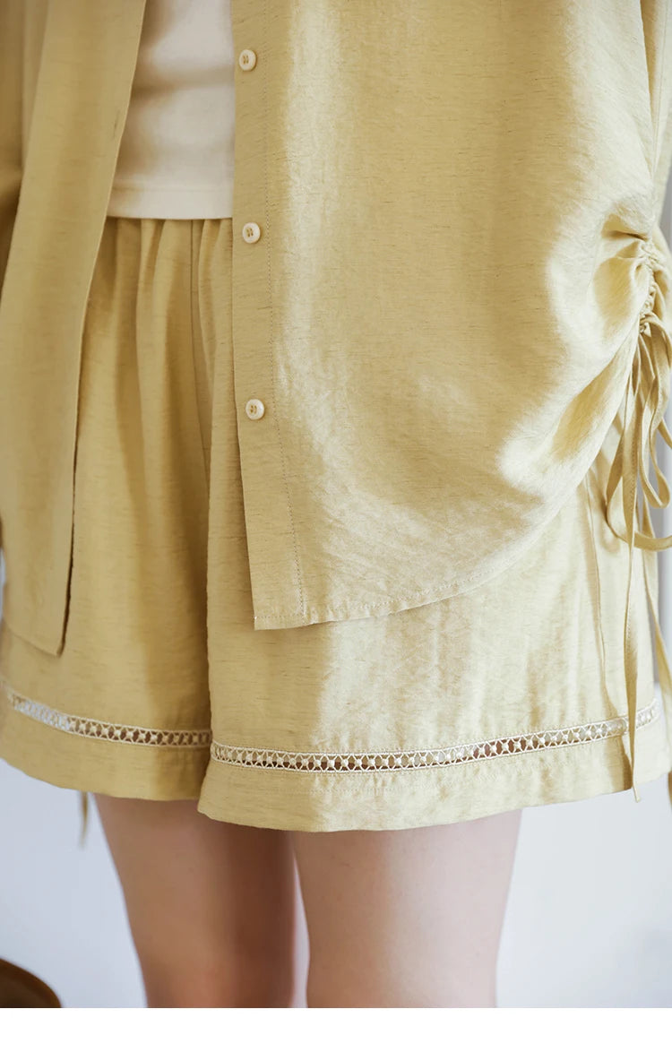 MISHOW Yellow Linen Three Piece Solid Splicing Lace Shirt Camisole Elastic Waist Shorts Vintage Hollowed Out Lace Set MXE42T0718