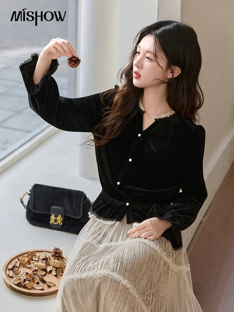 MISHOW Women's Black Velvet Shirts 2025 Winter Retro Splicing Lace Tops Ruffle Hem Pearl Button Puff Sleeve Shirt MXE94X2516