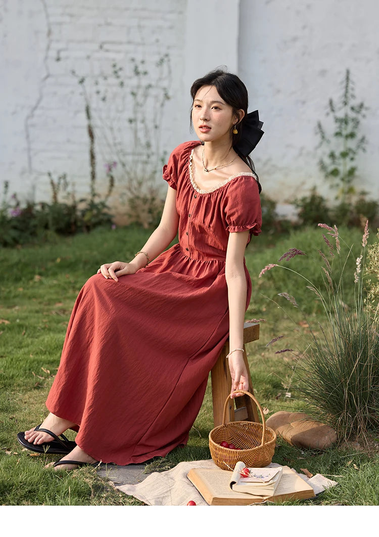 MISHOW French Summer Dress Women New 2025 Puff Short Sleeve Lace Neck Slimming Long Dresses Female Fashion Elegant MXE35L2297