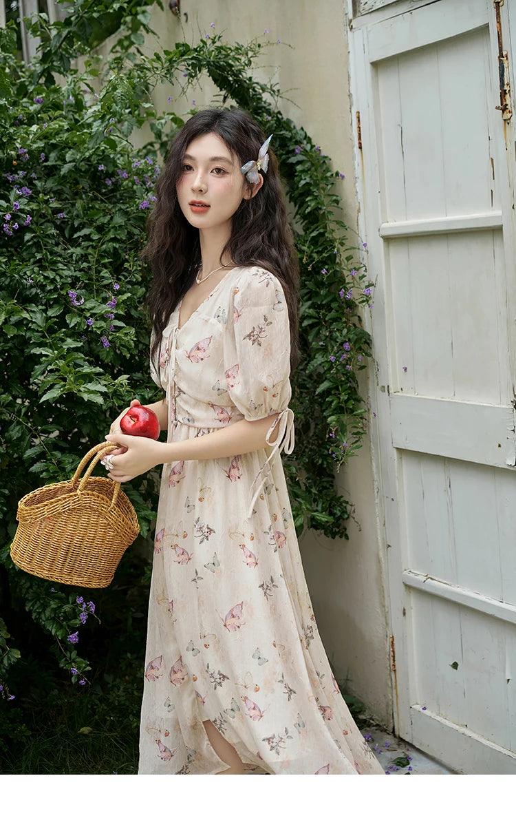 MISHOW Butterfly Printing Dress for Women 2025 Summer Luxury Elegant V-neck Lace-up Bubble Sleeves Slim Long Dress MXD15L1778