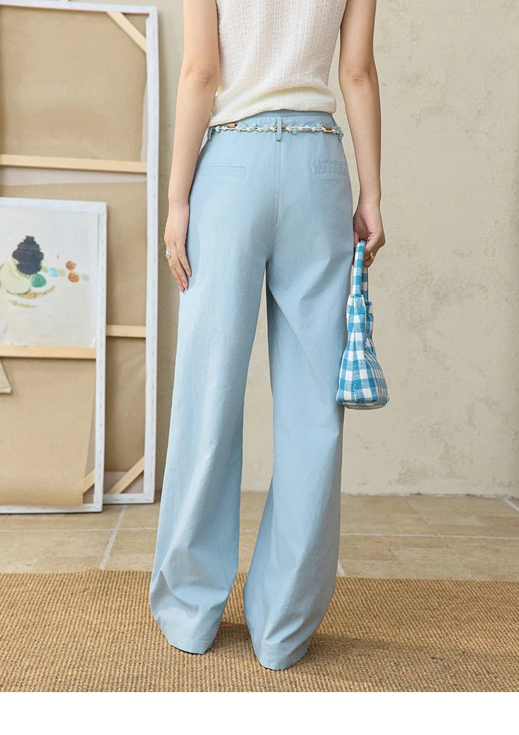 MISHOW Sea Salt Blue Wide Leg Pants 2025 Summer Contrasting Bead Belt Cotton Blend Trousers Slim Commuting Pants MXE35K0931