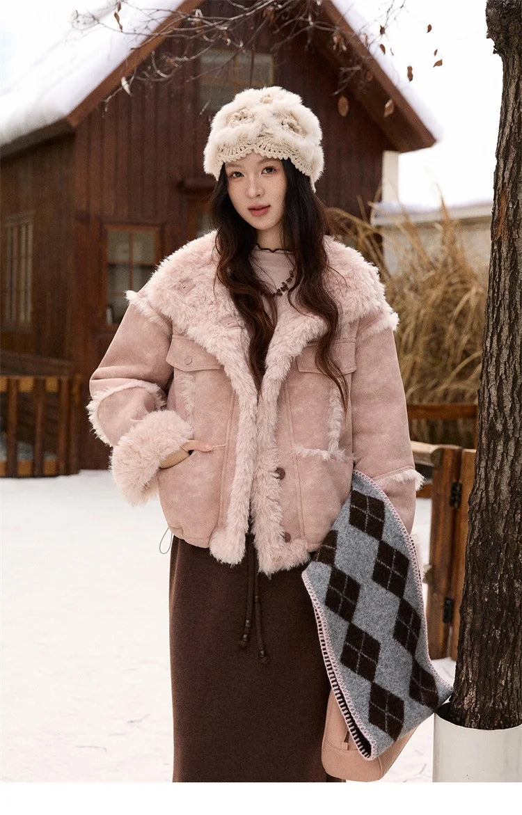 MISHOW Women's Pink Jacket 2025 Winter French Style Stand Collar Plush Patchwork Coat Windproof Warm Coat Woman MXE51W0911