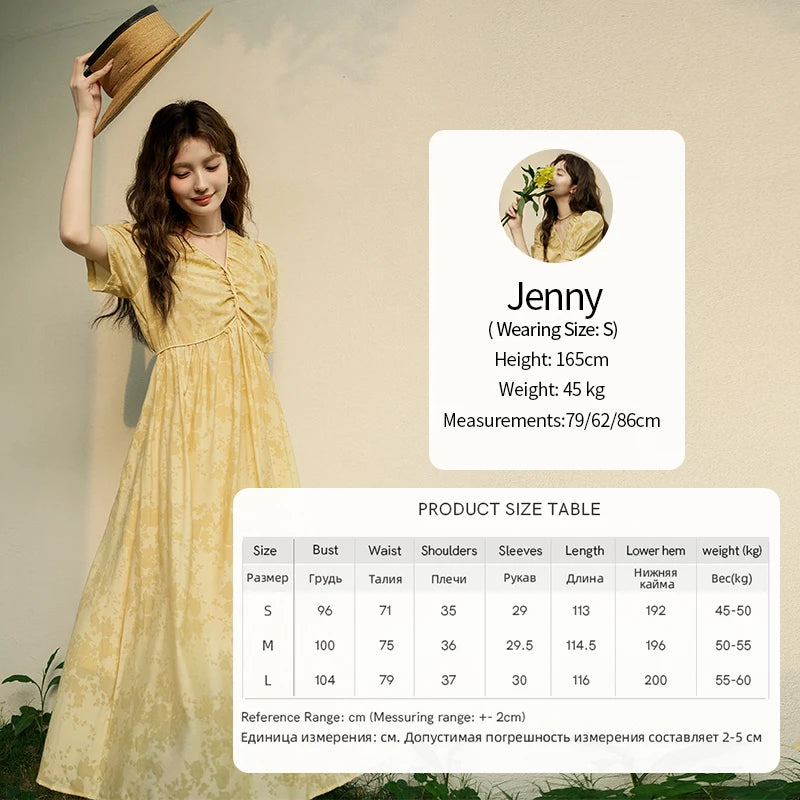 MISHOW Tea Break V-neck Dress for Women 2024 Summer French Temperament Chiffon Floral Puff Sleeve Waist Long Dresses MXD23L1878