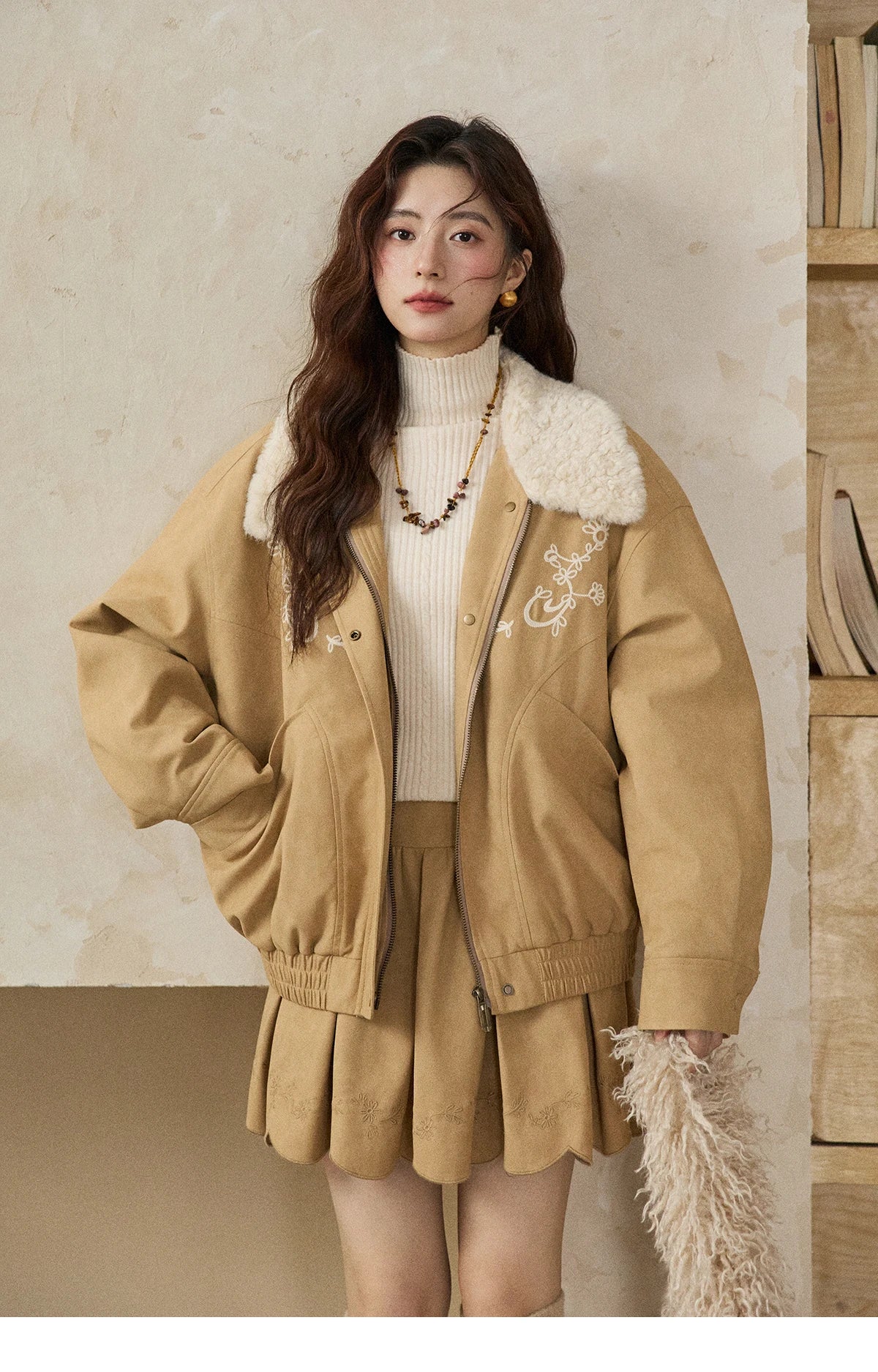 MISHOW Women's Floral Embroidered Jacket 2025 Winter French Style Yellow Plush Lapel Zip-up Coat Loose Warm Jacket MXE87W0932