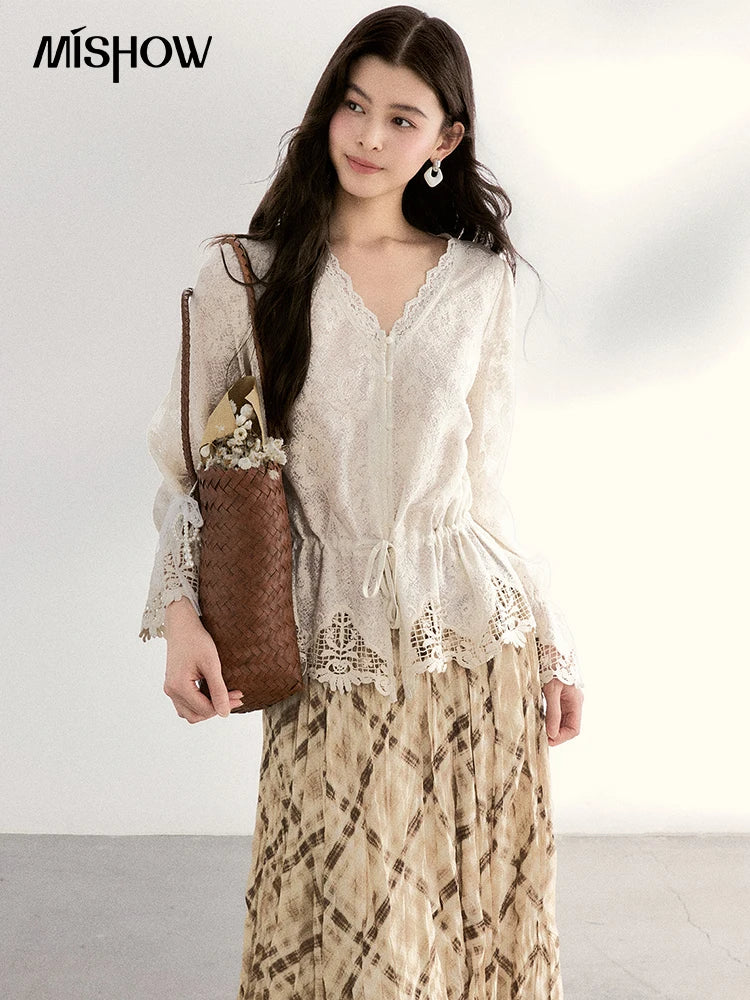 MISHOW Women's Lace V Neck Long Sleeve Shirts 2026 Spring Drawstring Waist Ruffled Hem Casual Loose Apricot Blouse MXF108X0998