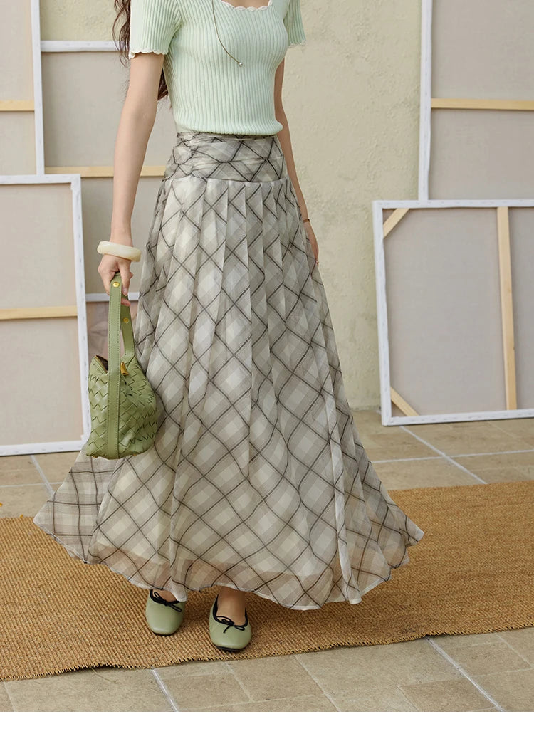 MISHOW Apricot Green Retro Plaid Skirt for Women Summer 2025 Pleated Chiffon High Waist Elegant Slim A-line Skirts MXE35B0747