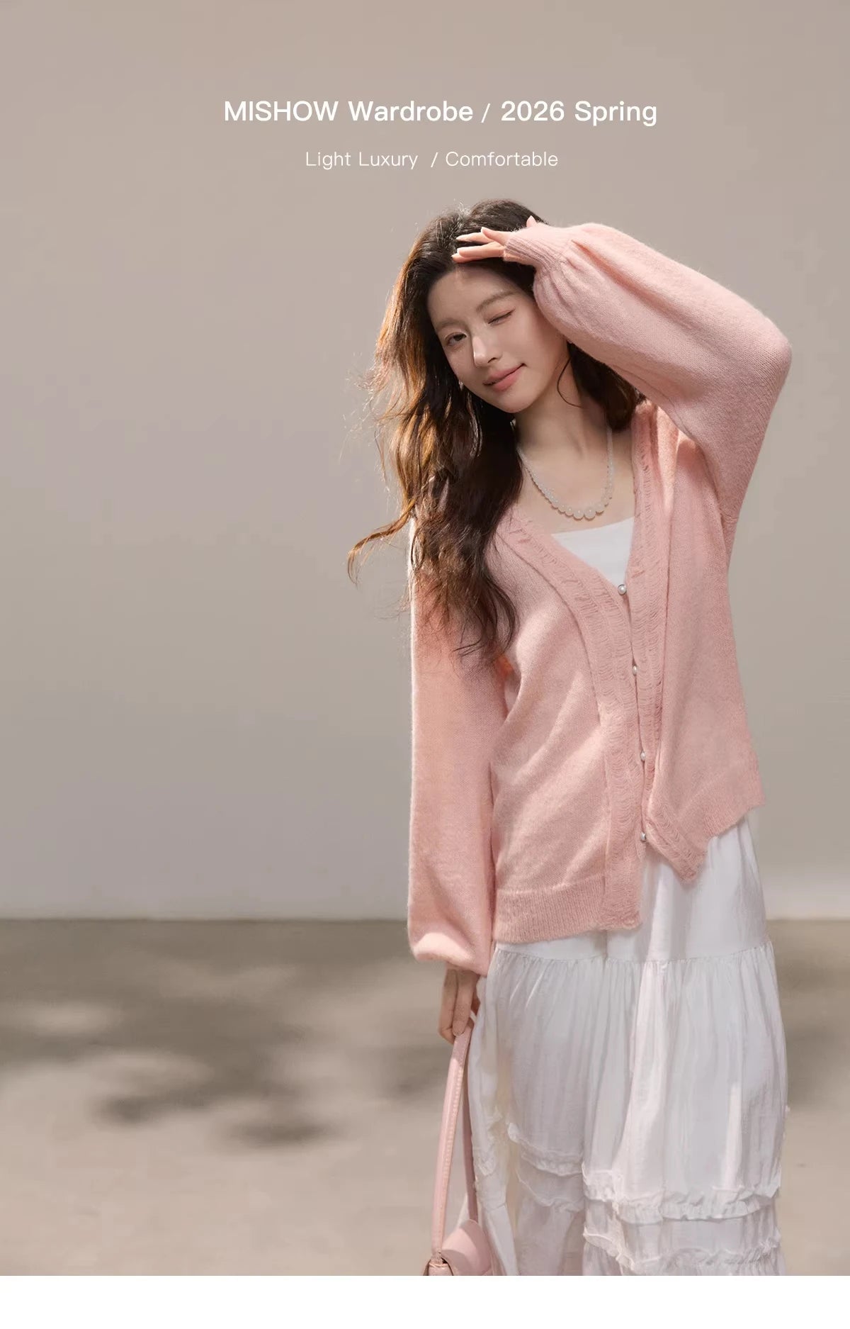 MISHOW Women's Pink Sweet Knit Cardigan 2026 Spring V-Neck Ruffled Trim Pearl Button Cardigans Loose Knitted Sweater MXF108Z1028