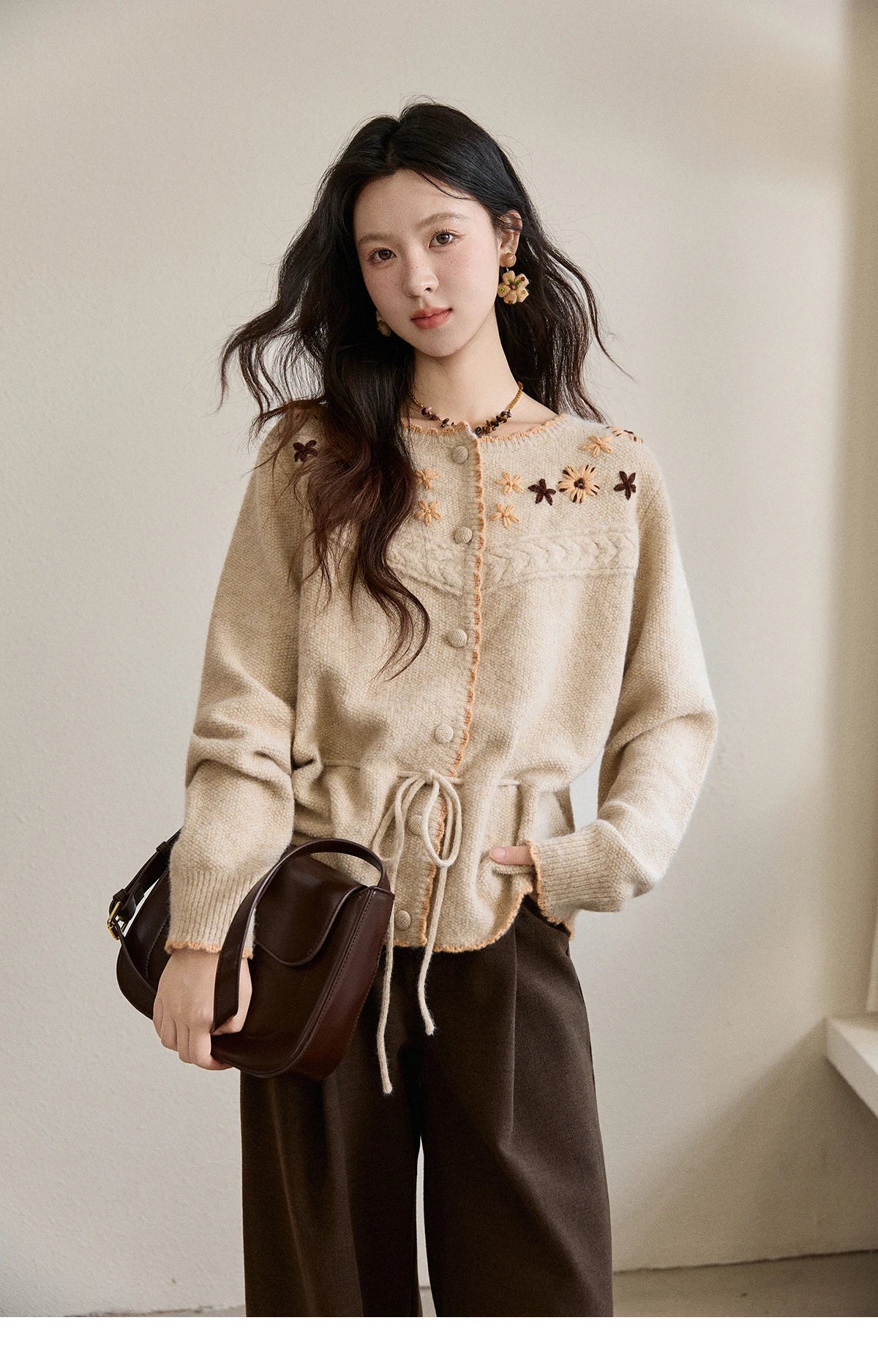 MISHOW Women's Apricot Hand-Embroidered Cardigan 2025 Winter Wool Blend Sweater Waist Tie Crochet Thick Warm Knitwear MXE87Z2702