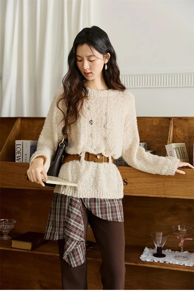 MISHOW Sweater Woman Wool 2025 Autumn New Belt Waist Design Drop Shoulder Sleeves Knit Top Commute Pullover Women MXE46Z2582