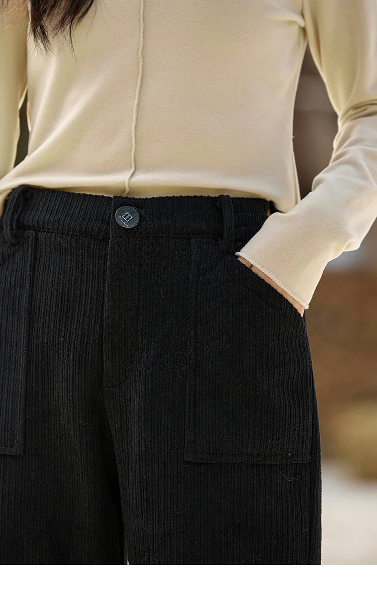 MISHOW Corduroy Pants High Waist Straight Pants Pocket Design Velvet Inside Comfortable Touch Slim Fit Office Lady MXD55K0813