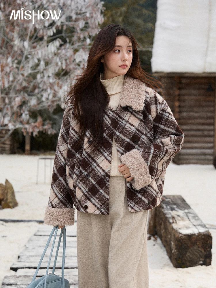 MISHOW Woman Jacket 2025 Autumn Winter Loose Retro Plaid Turn-down Collar Short Jacket Commute Warm Wool Blend Coat MXE89W0904