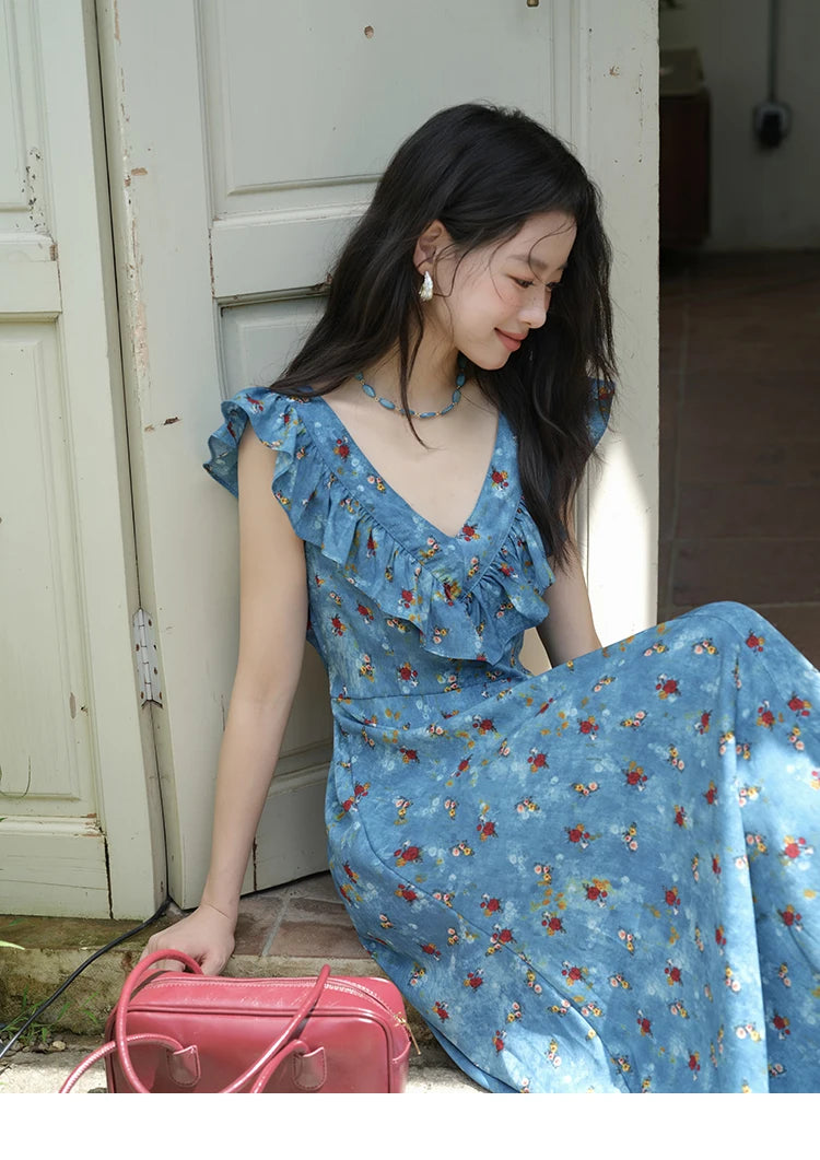 MISHOW Women's Fashion V-neck Ruffled Floral Dress Summer 2025 Flying Sleeve Waist Lace Up Casual Vacation Dresses MXE39L2436