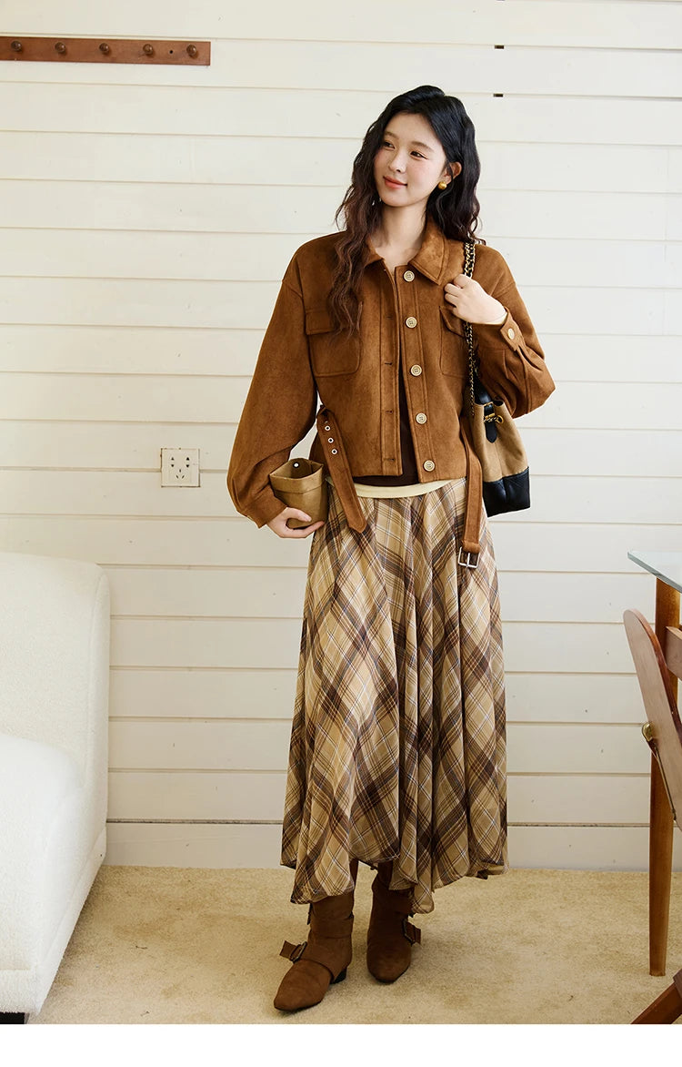 MISHOW Short Jacket for Women 2025 Autumn New Brown Lapel Metal Button Decorated Jacket Windproof Commuter Outerwear MXE46W0864