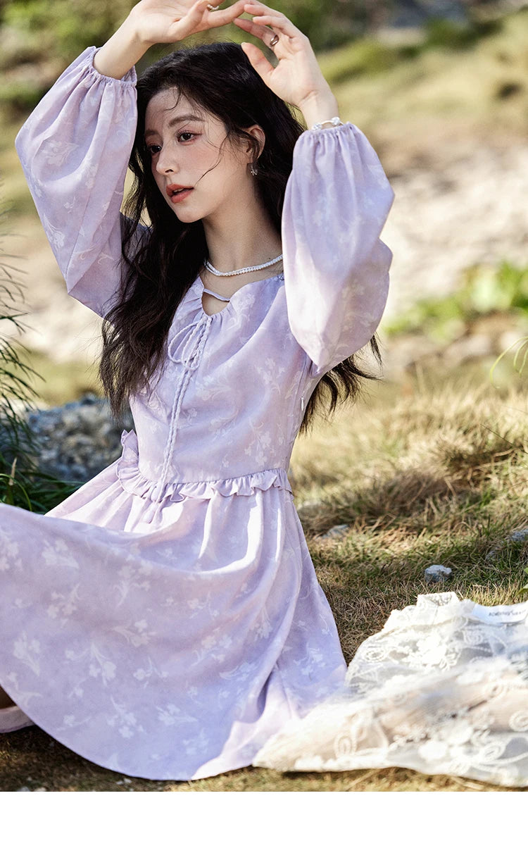 MISHOW Iris Chiffon Dress for Women Spring 2025 Waist Slim Black Fungus Edge Straps Dresses Purple Floral Fairy Dress MXE13L2095