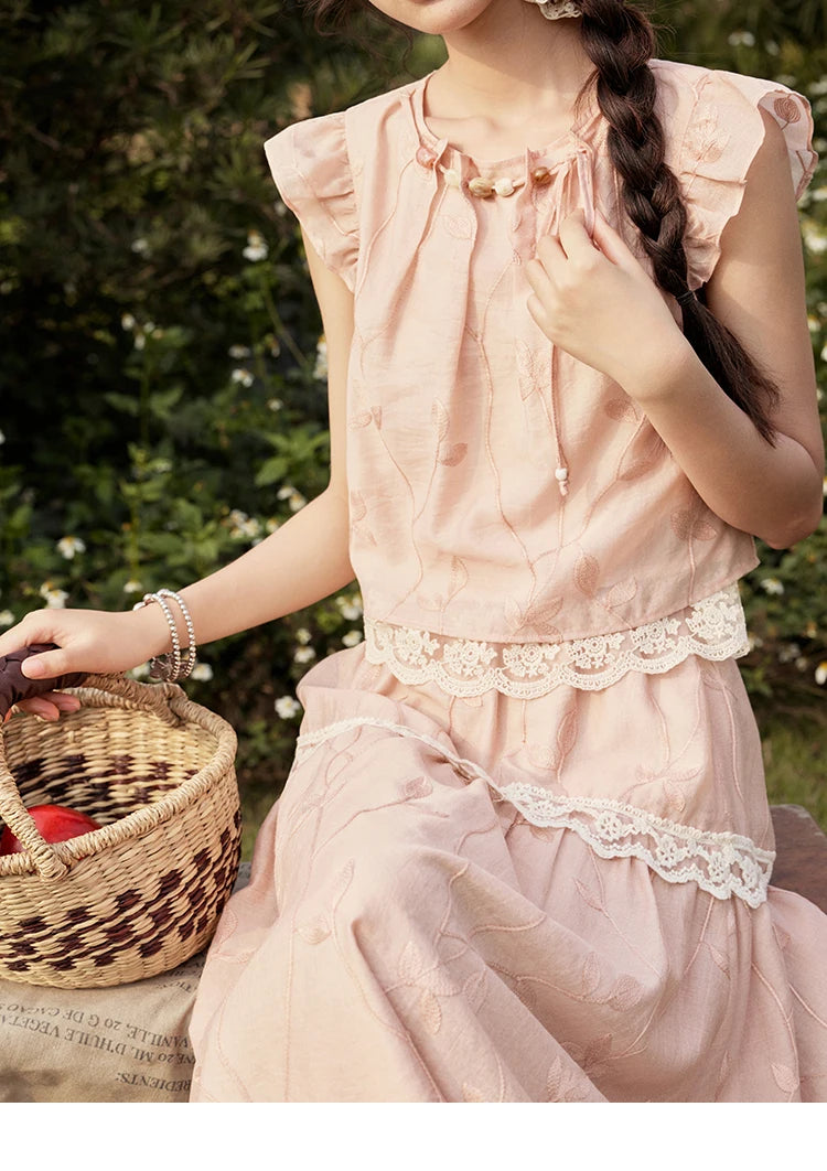 MISHOW Sweet Summer Skirt Sets Women New 2025 Short Flying Sleeve Round Neck Tops Hollow Embroidery A-line Skirt Lady MXE33T0545