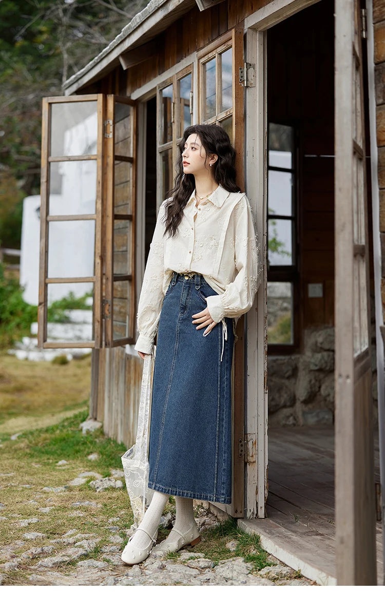 MISHOW 100Cotton Embroidered Jacquard Shirt for Women Spring 2025 Long Sleeved Loose Top Lapel Single Breasted Shirts MXE12C0391