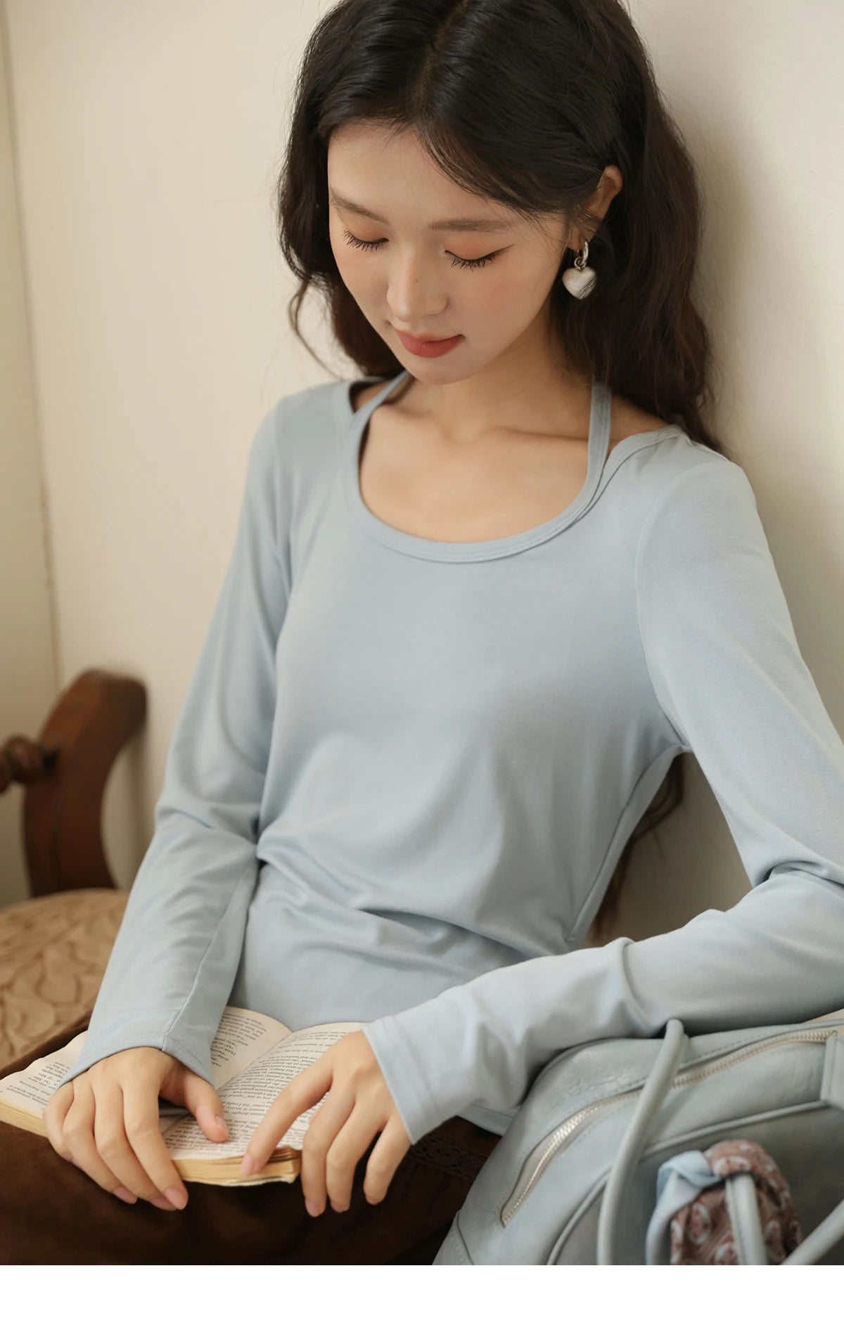 MISHOW Elastic Knitted T-shirts for Women Autumn 2025 Hanging Neck Strap Tees Pleated Waist Slim Long Sleeved Top MXE42T0720