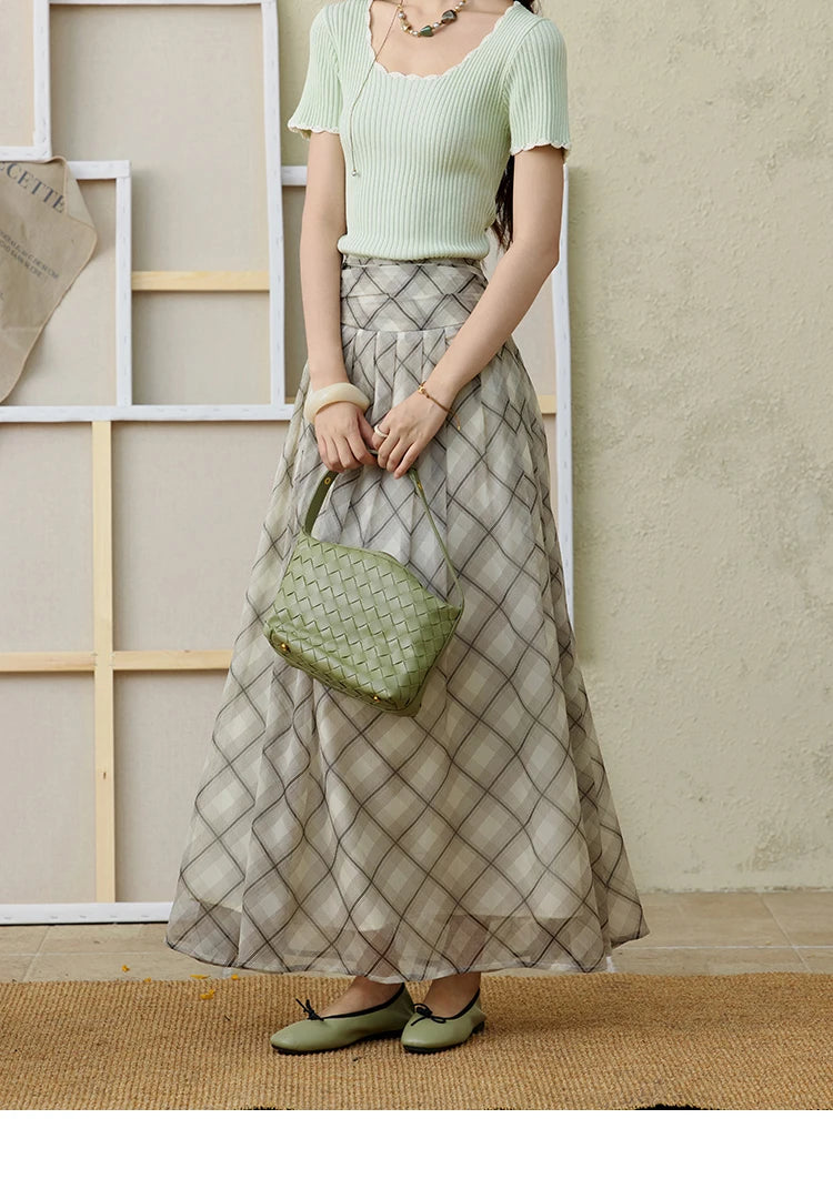 MISHOW Apricot Green Retro Plaid Skirt for Women Summer 2025 Pleated Chiffon High Waist Elegant Slim A-line Skirts MXE35B0747