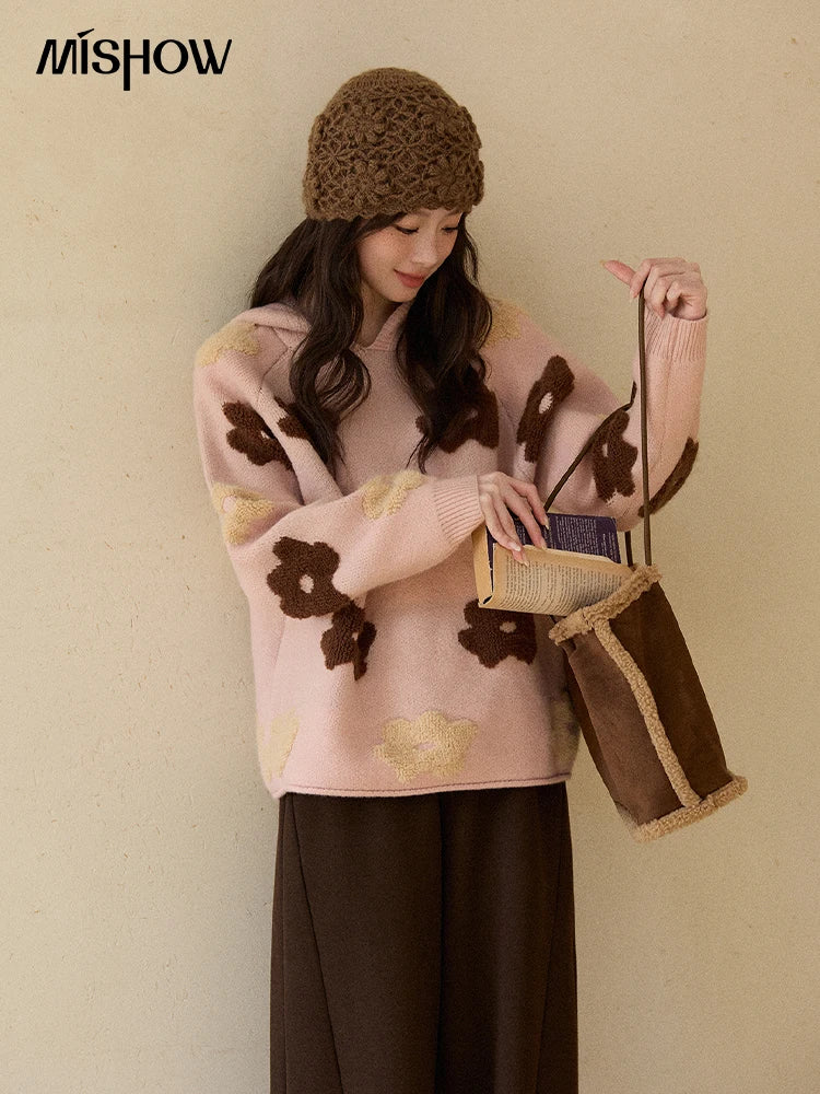 MISHOW Women's Floral Hooded Thick Sweater 2025 Loose Comfortable Pink 3D Jacquard Casual Long-Sleeved Pullovers MXE90Z2786