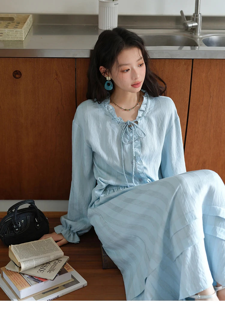 MISHOW Women's Light Blue Striped Linen Suit 2025 Autumn Fungus Edge V-neck Lace-up Shirt Elastic Waist Skirt Two pcs MXE41T0700
