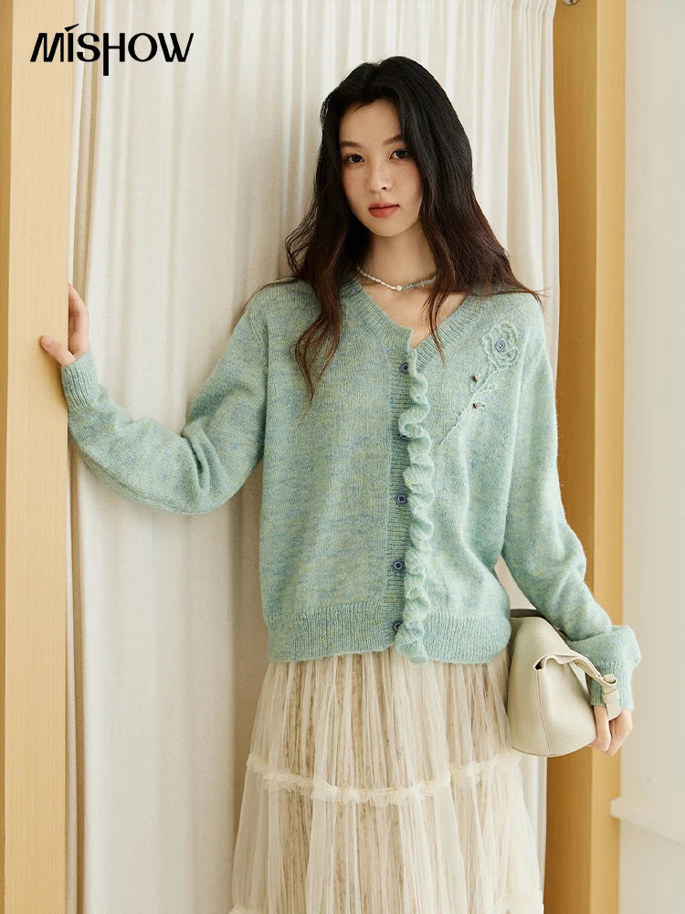 MISHOW Knitted Cardigan Women 2025 Autumn French Style Flower Embroidered V-neck Cardigan Luxury Long-sleeved Top MXE47Z2498