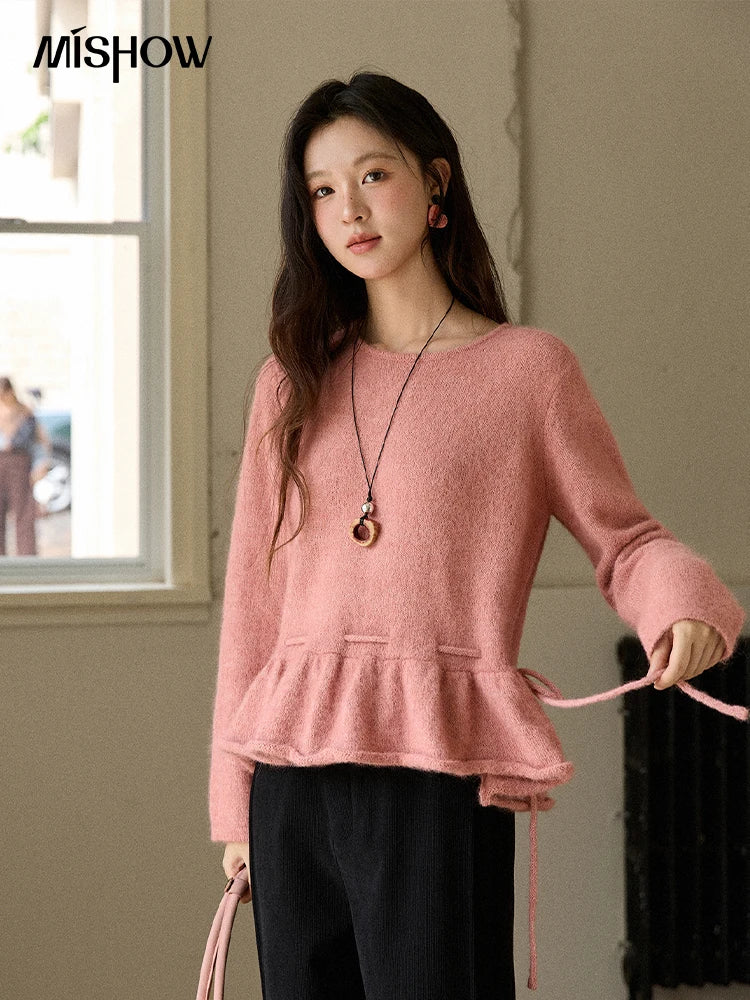 MISHOW Women's Pink Sweater 2025 Winter French Style Round Neck Knit Top Ruffled Hem with Drawstring Belt Pullover MXE90Z2824