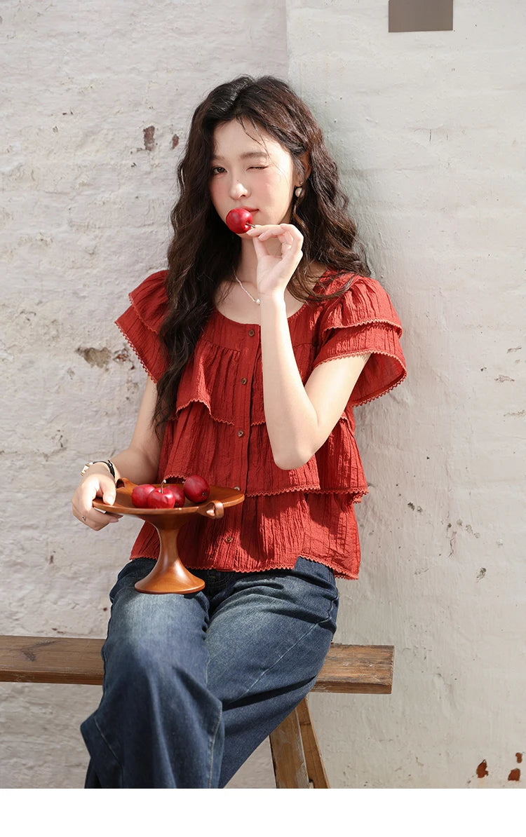 MISHOW Women's French Square Collar Blouses 2024 Summer Retro Red Ruffle Lace Cake Top Puff Sleeve Solid Sweet Blouse MXD30X1488