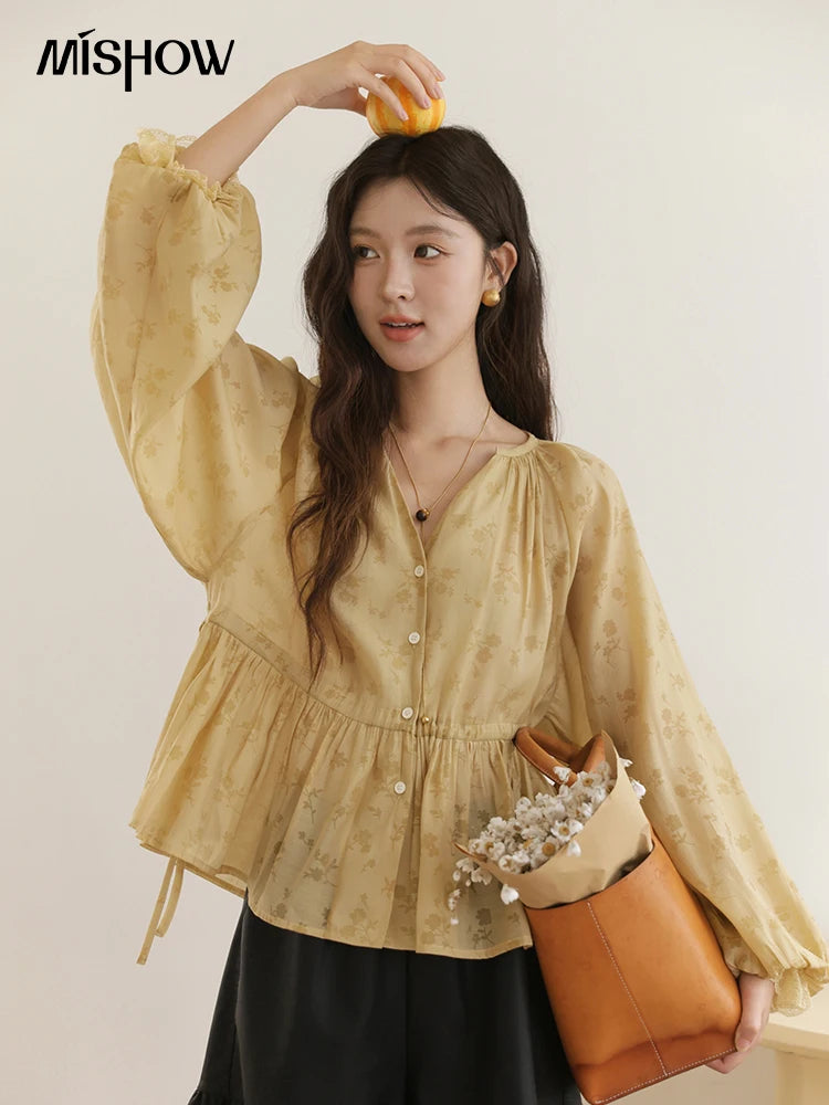 MISHOW Elegant Woman Shirt 2025 Autumn Yellow Printing Lantern Sleeves Shirt Commute Drawstring Waist Lace Trim Top MXE45X2499