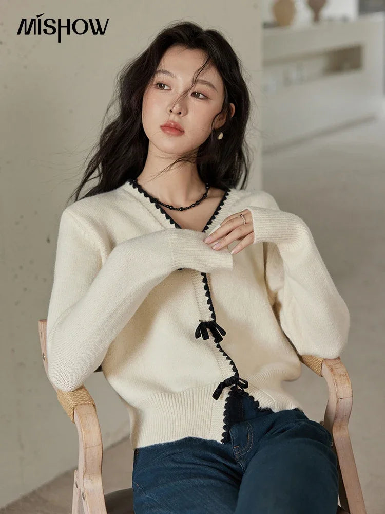 MISHOW Simple Knitted Cardigan Women V-Neck Single Breasted Bow Sweater Jacket Elegant French Long Sleeve Knitted Top MXD34Z0938