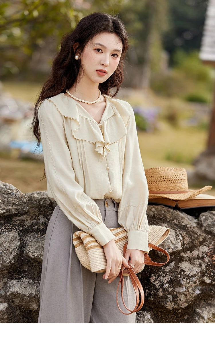 MISHOW Lotus Leaf Collar Shirt Bubble Sleeves Pink Shirt for Women Spring 2025 Sweet Chiffon Top Temperament Shirts MXE12X1702