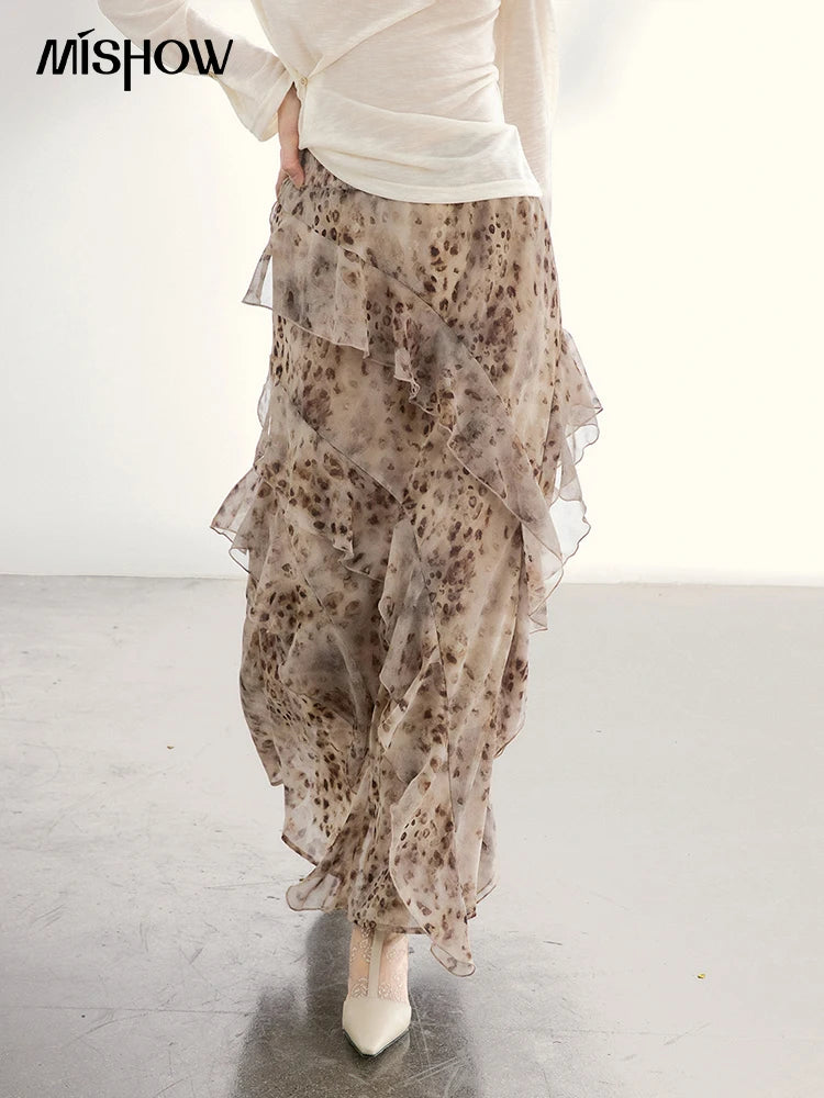 MISHOW Women's Leopard Print Maxi Skirt Spring Ruffled Chiffon Elastic Waist Skirts Casual Retro Flowy Long Skirt MXF108B0772