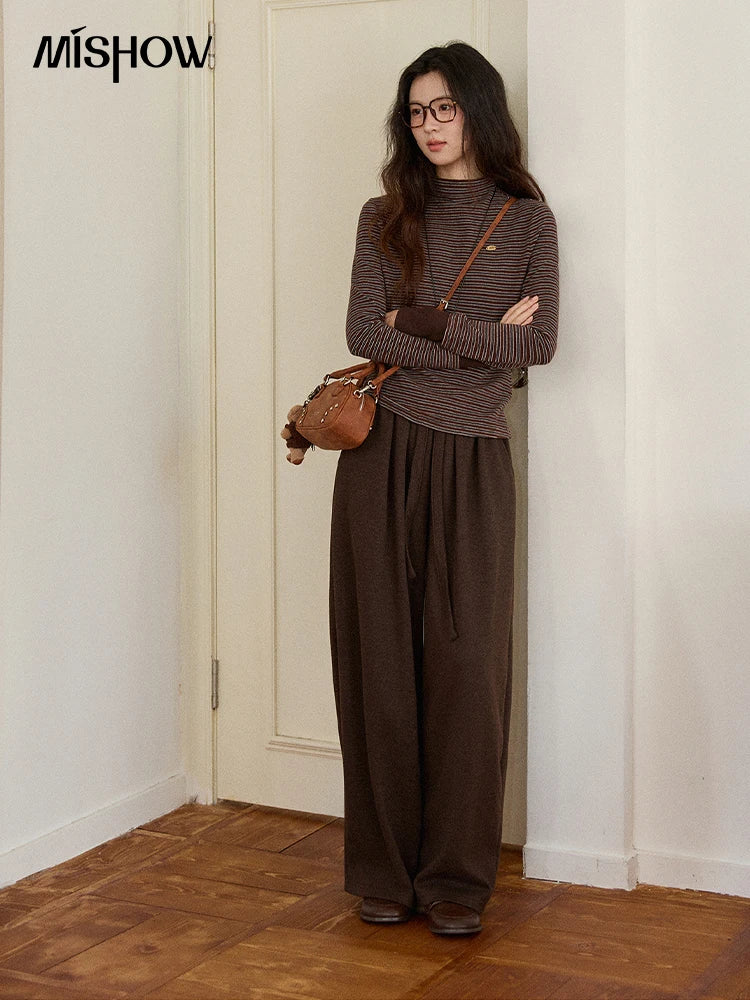 MISHOW Brown Wide-leg Pants for Women2025 Winter Thickened Warm Drawstring Waistband Retro Casual Trousers Woman MXE87K1126