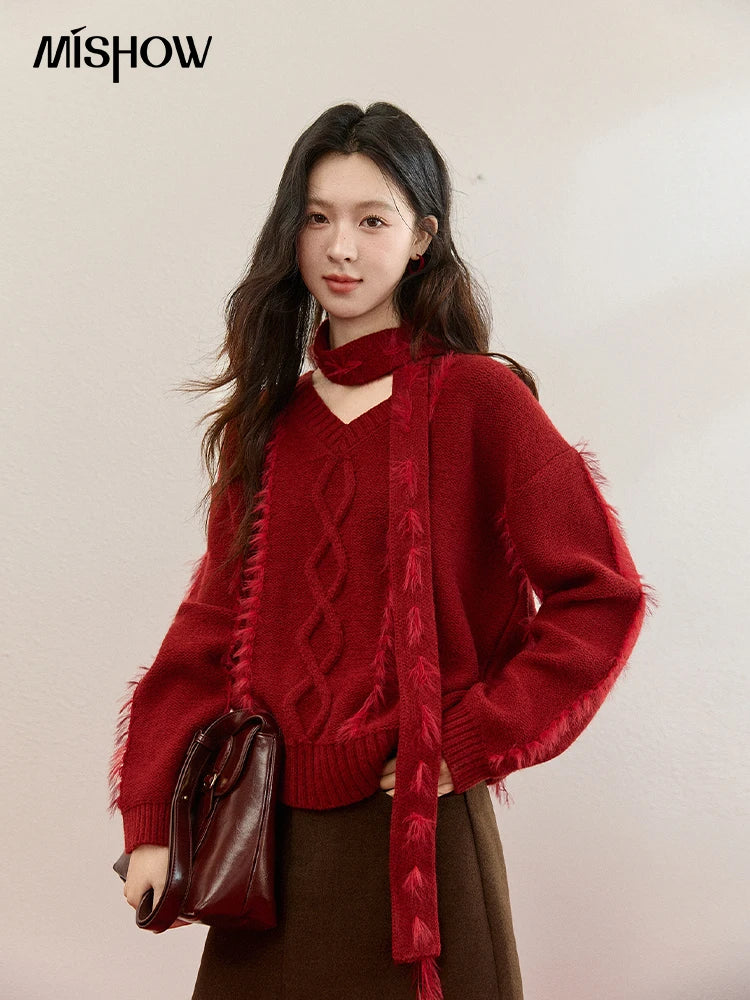 MISHOW Christmas Knitted Sweater Women 2025 Winter Burgundy V-neck Loose Tops Mink Fur Tassel with Scarf Tie Sweaters MXE93Z2809