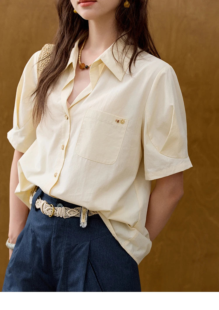 MISHOW New French Summer Shirts for Women New 2025 Short Sleeve Turn-down Collar Solid Slimming Blouses Lady Gentle MXE33C0778