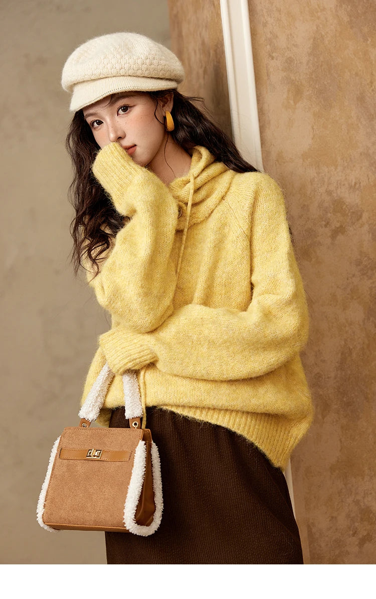 MISHOW Knitted Sweater Hooded Neck Warm Wool for Women 2025 Autumn Winter Cozy Loose-Fit Casual Solid Pullover Top MXD59Z1123