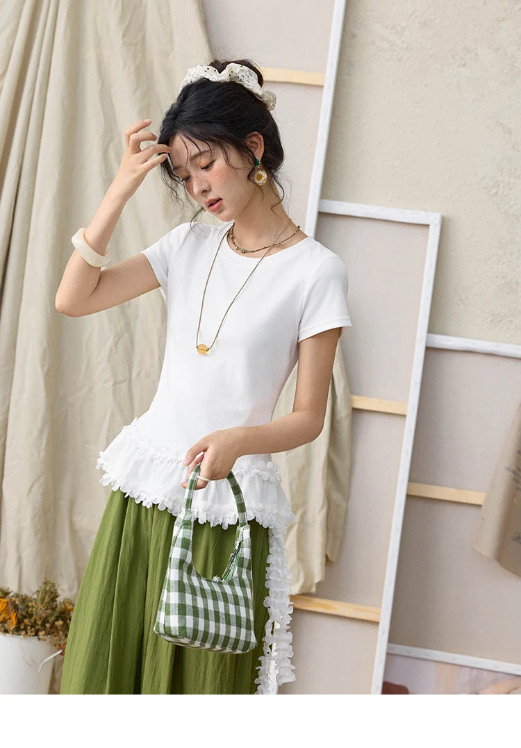 MISHOW White Ruffled T-shirt for Women Summer 2025 Round Neck Loose Slim Cotton Casual Tees with Red Lanyard Necklace MXE34T0557