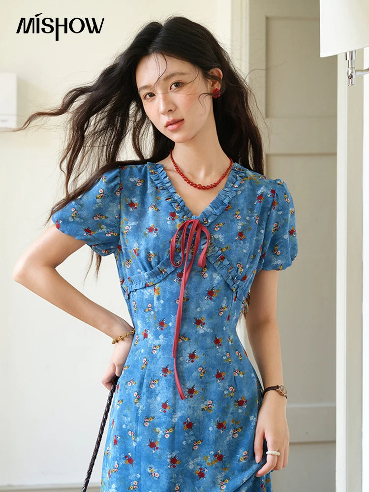 MISHOW Women's V-neck Lace Up Dress 2025 Summer New Female Fashion Puff Sleeve Chiffon Print Dresses Ladies Clothing MXE39L2401