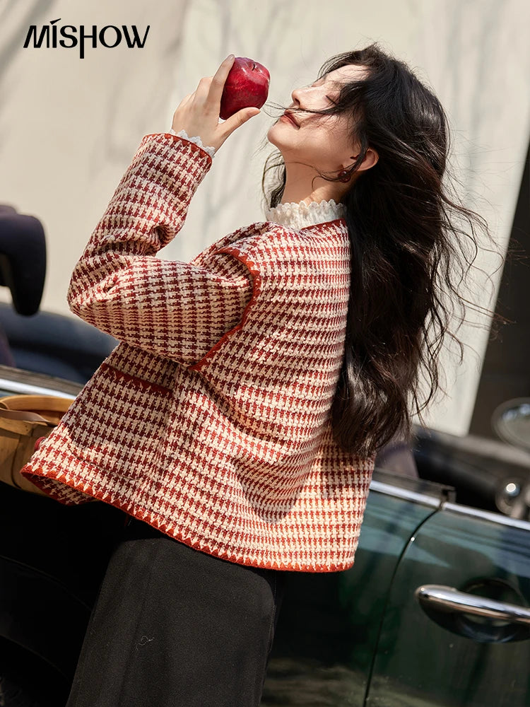 MISHOW Plaid Tweed Jacket Women Red Double Breasted Long Sleeve Tops 2024 Winter French Elegant Design Short Coat MXD56W0631