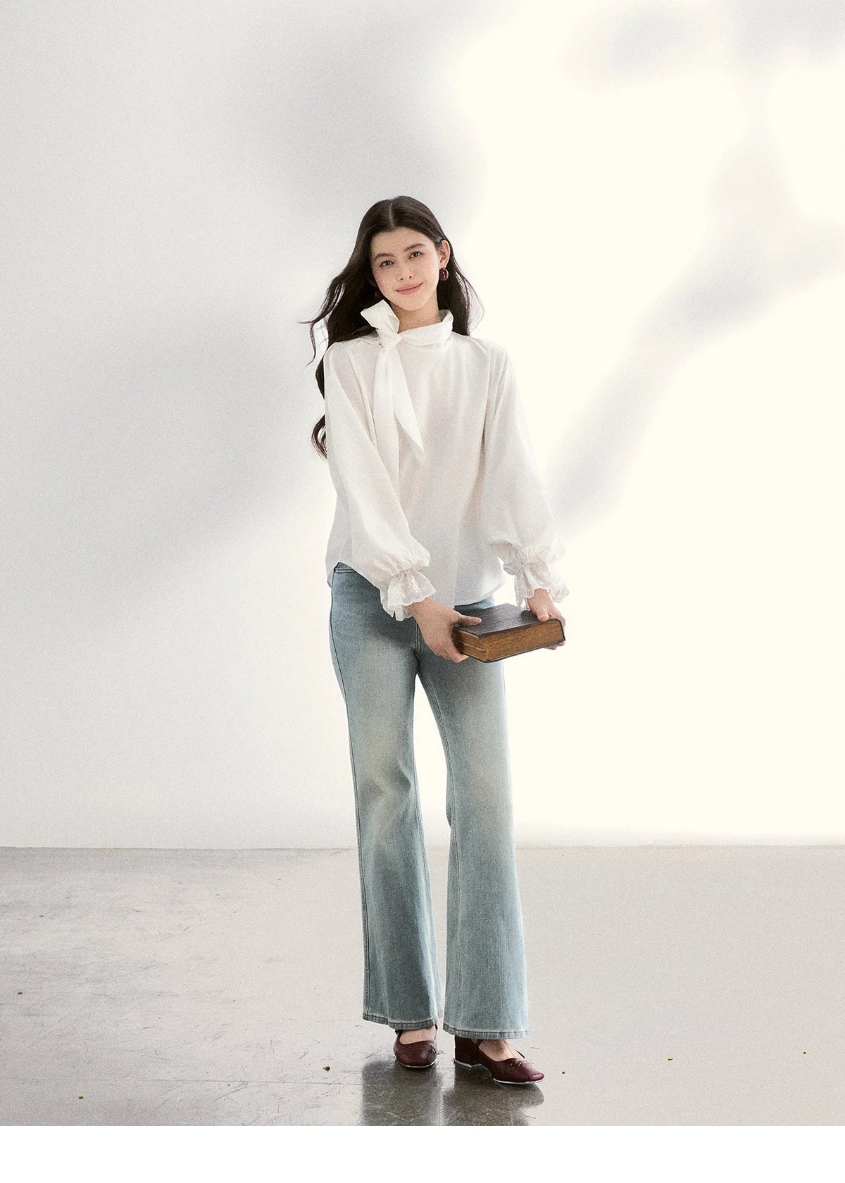 MISHOW Women's White Blouse Spring Bow Tie Neck Lantern Sleeve Patchwork Lace Blouses Casual Elegant Top Office Lady MXF108C0814