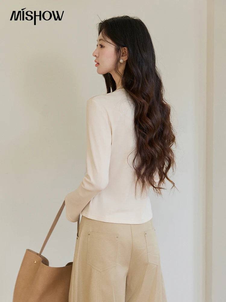 MISHOW Women's V-neck Splicing Lace Ribbon Long Sleeve Tops Spring Ruffled Asymmetrical Hem Flare Sleeve Knitwear MXF108Z1016