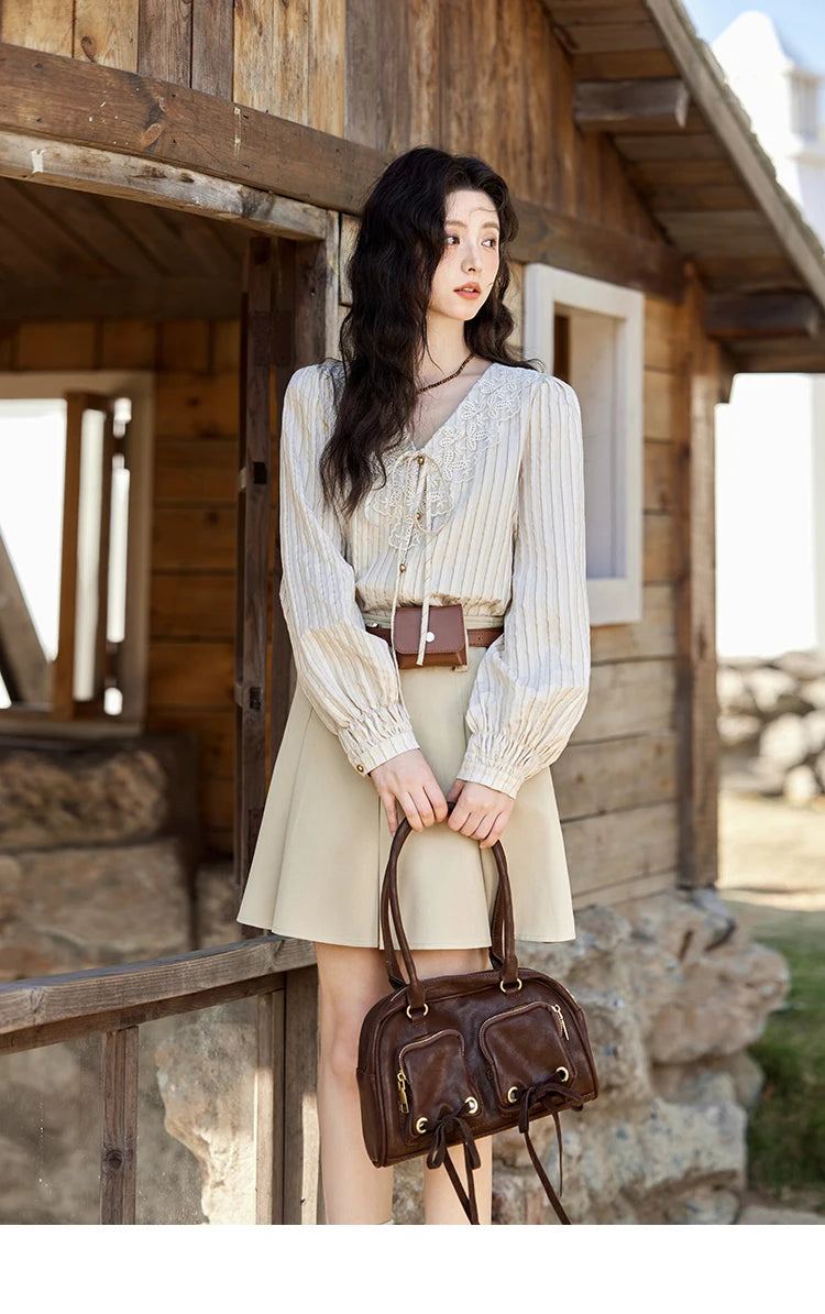 MISHOW French Retro V-neck Lace-up Striped Shirt for Women Spring 2025 Embroidered Lace Long Sleeve Top Casual Shirts MXE12X1715